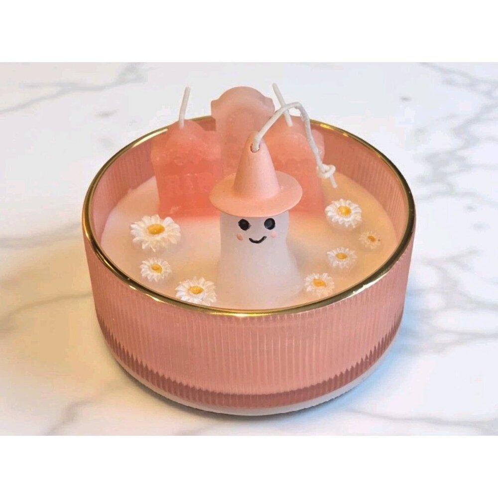 New Large Pink Spooky Ghost Halloween Holiday Graveyard Candle Home Decor Gift